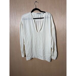 Vince Women's Large Ivory Silk Blend Long Sleeve Top Blouse V Neck